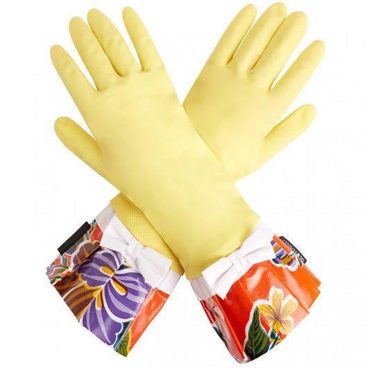 Yellow Glove with liner with Orange Hibiscus Trim and White Bow